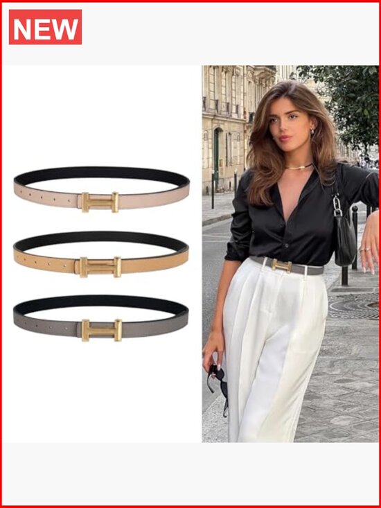 Women\'s Leather Belt with Gold Buckle, Fashion Waist Band